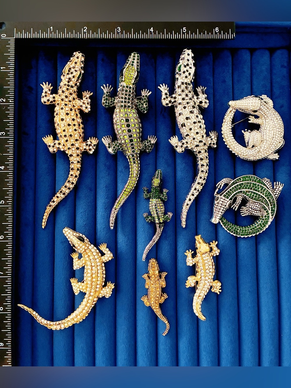 9pc Rhinestone Alligator Crocodile Brooch Lot Sparkling Lizard Animal Pin Set